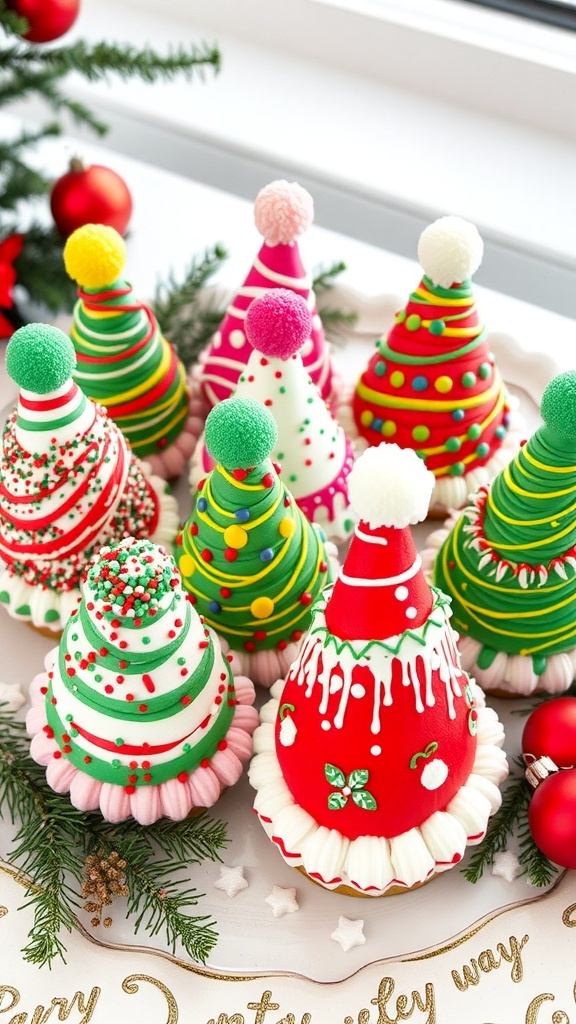 Christmas Doodle Hat Recipe Colorful Christmas Doodle Hats decorated with icing and sprinkles on a festive platter.
